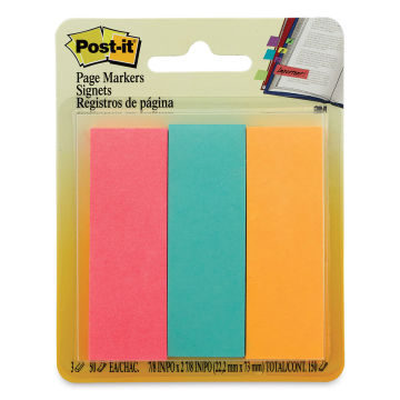 3M Post-it Page Markers - Front of blister package of 3 Multicolor Post-Its
