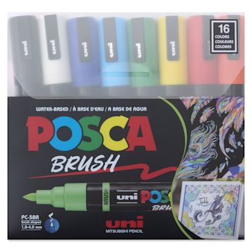 Open in modal - Posca Brush Paint Markers - Set of 16, Assorted Colors, Brush Tip, front of the packaging