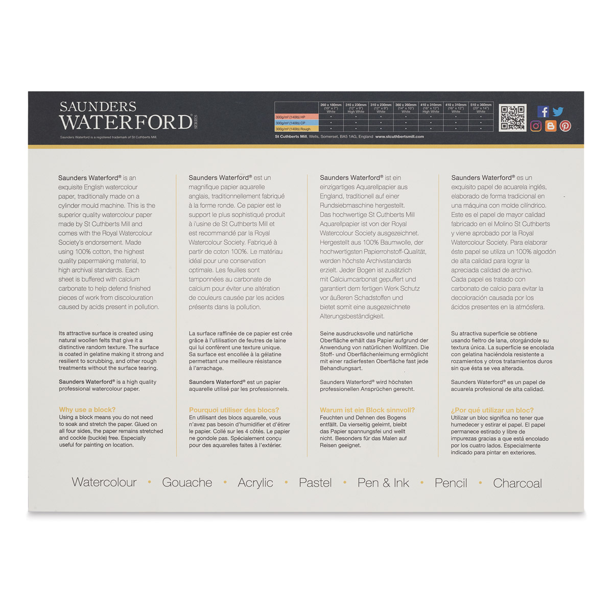 Saunders Waterford Watercolor Pad - 12 x 16, Hot Press, 140 lb, 12 Sheets