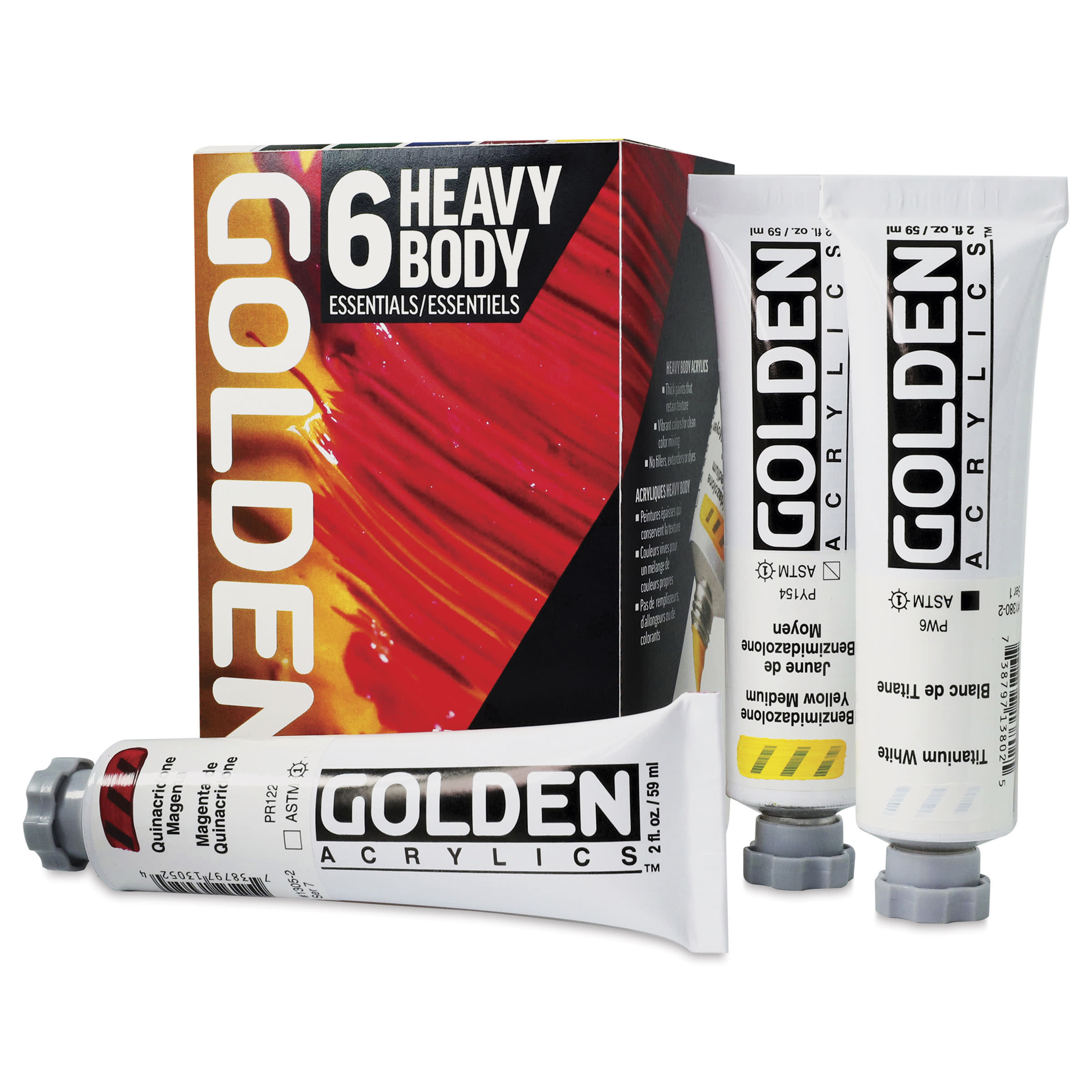 Golden Heavy Body Artist Acrylic Set - Essentials Set of 6, Assorted Colors, 59 ml Tubes, several tubes with packaging