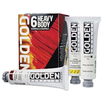 Open in modal - Golden Heavy Body Artist Acrylic Set - Essentials Set of 6, Assorted Colors, 59 ml Tubes, several tubes with packaging