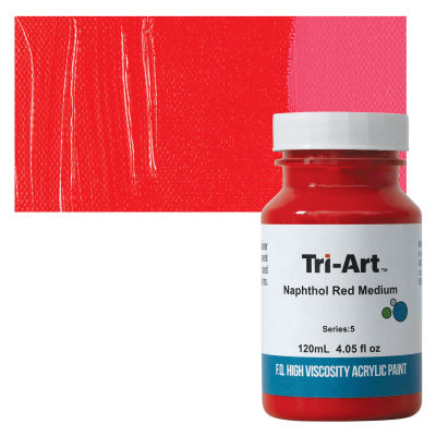 Tri-Art High Viscosity Artist Acrylic - Naphthol Red Medium, 120 ml jar with swatch