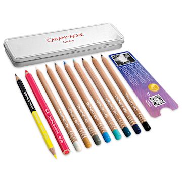 Open in modal - Caran d'Ache Oliver Jeffers Creative Luminance 6901 Colored Pencils Set, contents laid out