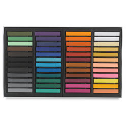 Blick Studio Pastels - Set of 48 Assorted Colors. Open tray of pastels in 4 rows.
