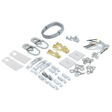 Ook Picture Hanging Kits - Components of kit including hooks and hangers laid out on surface