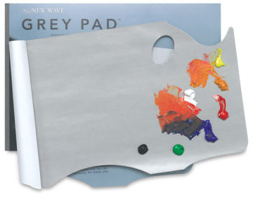 New Wave Grey Pad Disposable Palettes - Hand held version shown with paint and package