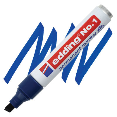 Edding Permanent Marker - Blue, No.1, Chisel Nib, 1-5 mm (swatch and marker)