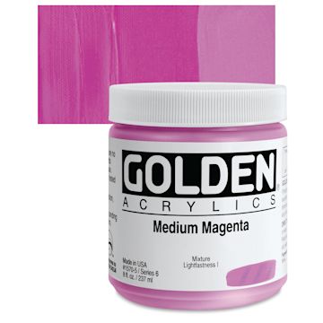 Open in modal - Golden Heavy Body Artist Acrylic - Medium Magenta, 8 oz Jar and swatch
