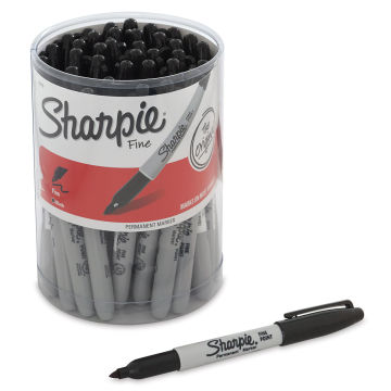 Sharpie Fine Point Permanent Markers - Canister, set of 36 Black. Open marker in front of canister.