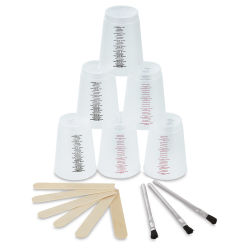 EnviroTex Mixing Cup Set - Components of set shown with 6 stacked cups, sticks and 3 brushes