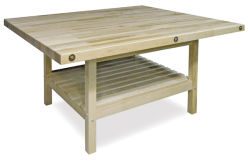 Hann Four-Station Art Workbench - Left angled view showing butcher block top and storage shelf area