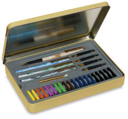 Staedtler Calligraphy Pen Set - Components of set shown in storage tin