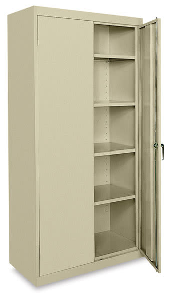 Sandusky Lee Storage Cabinet left angled view with one door open showing 4 shelves