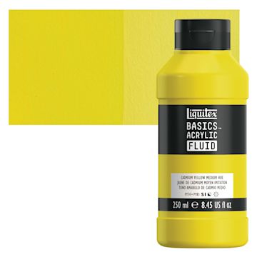 Open in modal - Liquitex Basics Acrylic Fluid Paint - Cadmium Yellow Medium Hue, 250 ml bottle and swatch