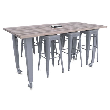 CEF Idea Island Work Table, 34" high with 6 silver stools. 
