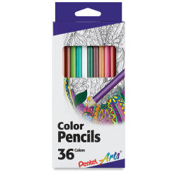 Pentel Arts Color Pencil Sets - Front of package of 36 pencils showing some colors thru window