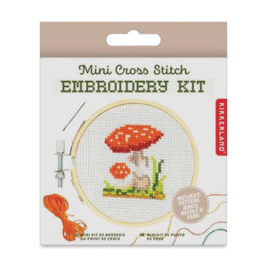 Kikkerland Mini Cross Stitch Embroidery Kit - Mushroom (Front of packaging)