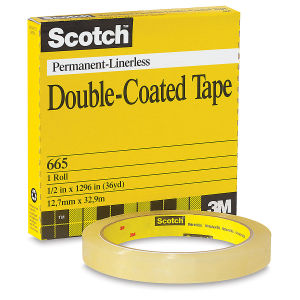Scotch #665 Double-Coated Transparent Tape - Roll shown horizontally in front of package