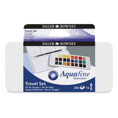 Daler-Rowney Aquafine Watercolor Half Pan Sets - Front of package of 24 pc Travel set

