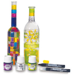 Pebeo Vitrea 160 Glass Paints - 3 Paints and 2 Markers (sold separately) shown with finished bottles