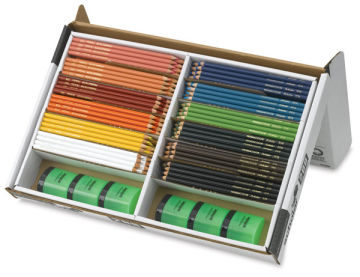 Prismacolor Scholar Art Pencils-Class Pack, Set of 288. Box tilted open with pencils and sharpeners.
