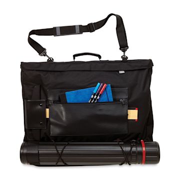 Open in modal - Prat Softside Backpack Portfolio - 18" x 24" x 2 1/2", Black, shown with accessories (not included)