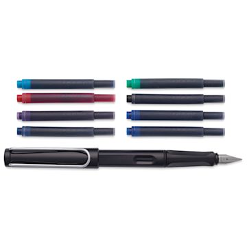 Open in modal - Blick Exclusive Lamy Safari Fountain Pen Set - Black, Medium Nib, contents laid out