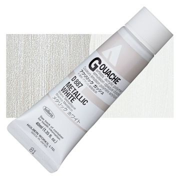 Open in modal - Holbein Acrylic Gouache - Metallic White, 40 ml tube and swatch