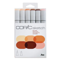 Copic Sketch Markers, Set of 6. Skin Tones. Front of package of beige, pink, and brown colors. 