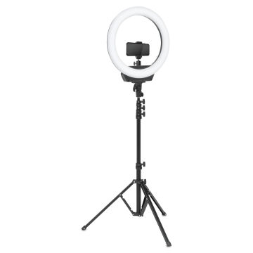 Artograph Ring Light with Floor Stand - 16" Diameter, front view with attached holder. 
