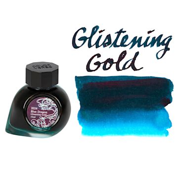 Open in modal - Colorverse Blue Dragon Fountain Pen Ink - Glistening Gold, swatch and jar