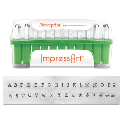 ImpressArt Letter and Number Stamp Sets - Front view of open Uppercase Newsprint font set with type