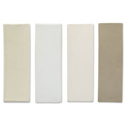 Standard Ceramic 105 White Clay (sample tiles left to right - fired clay with clear glaze; fired clay with white glaze; bisque fired clay; unfired clay) 