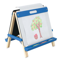 Blick Children's Tabletop Easel - Left Angle of Blue Easel with hanging rod holding paper (included)