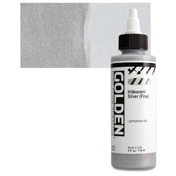 Open in modal - Golden High Flow Acrylic Paint - Iridescent Silver (Fine), 4 oz bottle and swatch