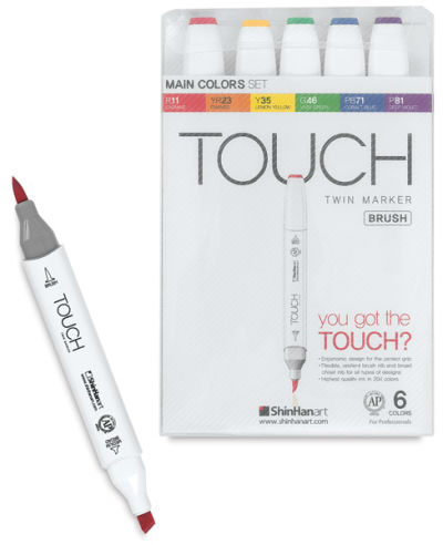 Touch Twin Brush Marker Sets - Open package of set of 6 with one marker removed and uncapped
