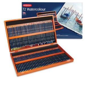 Derwent Watercolor Pencil Set - Assorted Colors, Wood Box, Set of 72. Inside of packaging with box.