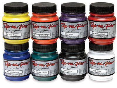 Jacquard Dye-Na-Flow Fabric Color Sets - Component jars of 8 pc set shown stacked