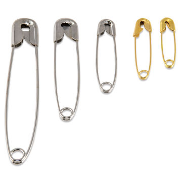 Singer Assorted Safety Pins, five pins of different sizes laid out