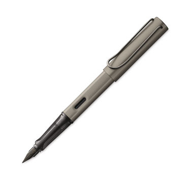 Lamy Lx Fountain Pen - Ruthenium Silver color pen open and at angle
