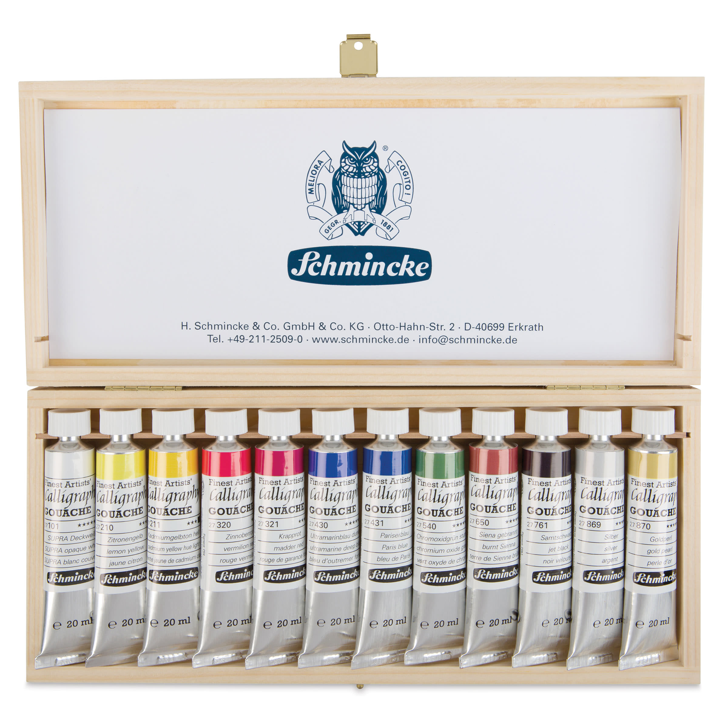 Schmincke Calligraphy Gouache - Set of 12, 20 ml Tubes, Wooden Box opened
