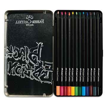 Open in modal - Faber-Castell Black Edition Colored Pencils - Tin Set of 12, lid open showing contents