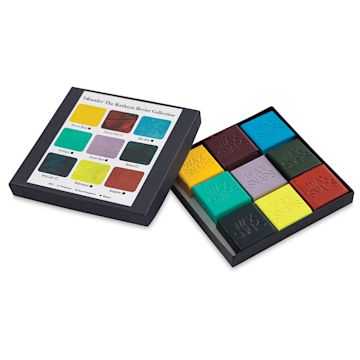 Open in modal - Enkaustikos Wax Snaps Encaustic Paints - Kathryn Bevier Set of 9, Shown with color chart.