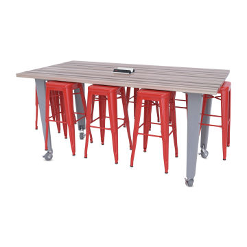 CEF Idea Island Work Table, 42" high with 8 red stools.