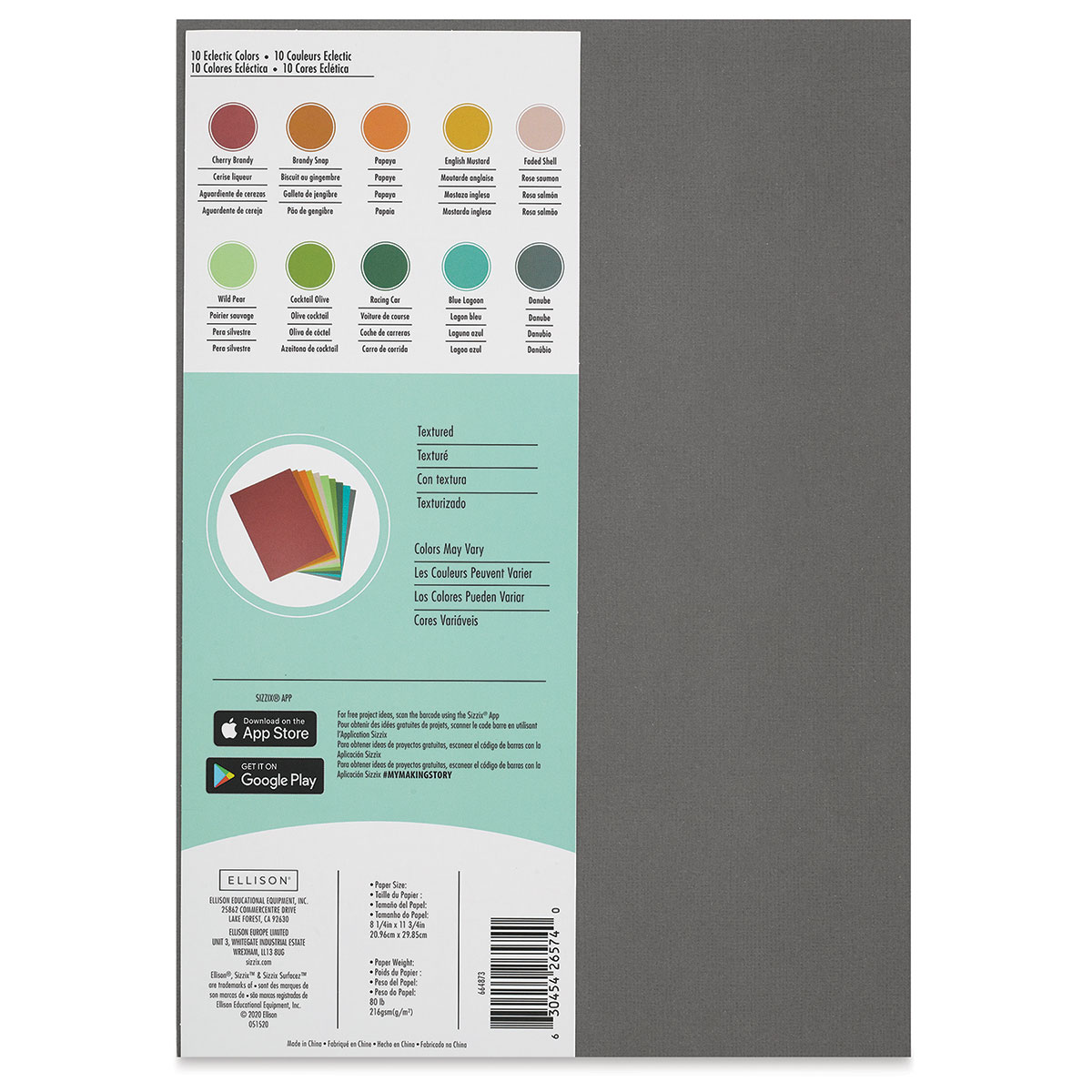 Sizzix Surfacez Cardstock - Eclectic Colors, Package of 60 Sheets, 8-1/4W  x 11-3/4L, 216 gsm