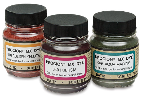 Procion MX fiber-reactive dye samples on cotton: Gold, Fuchsia, Mixing  Blue/Cobalt Blue - dark cube - 0…