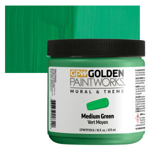 Golden Paintworks Mural and Theme Acrylic Paint - Medium Green, 16 oz, Jar with swatch