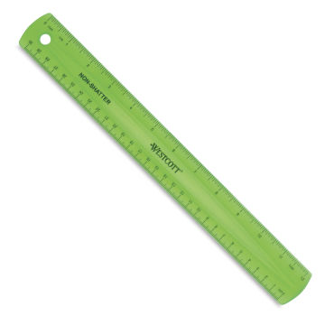 Westcott Shatter Resistant Ruler - Angled view of ruler showing inches and metric measurements