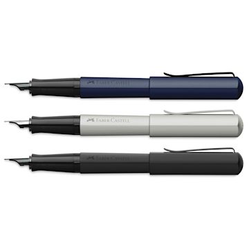 Open in modal - Faber-Castell Hexo Fountain Pens, Blue, Matte Black, and Matte Silver