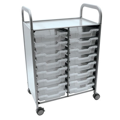 Gratnells Callero Storage Cart - Angled view of cart with 16 shallow gray trays